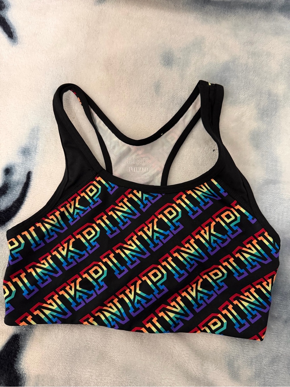 PINK Victoria's Secret Black Sports Bra with Rainbow PINK Print